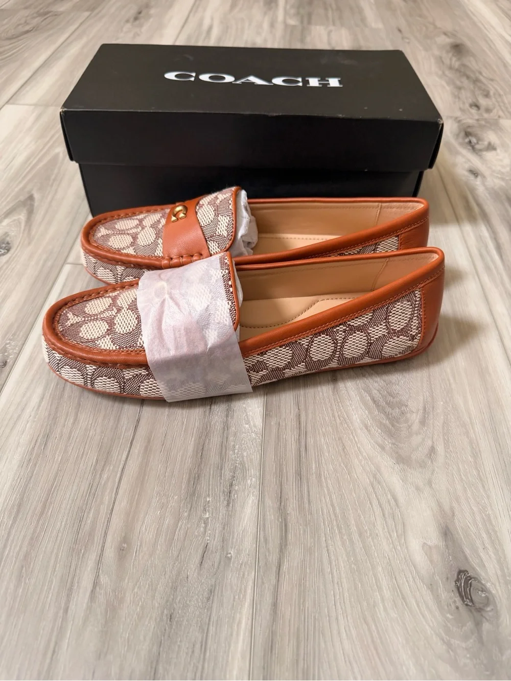 Coach Signature Jacquard Driver Loafers Cocoa Burnished Amber NWB Women’s 9.5